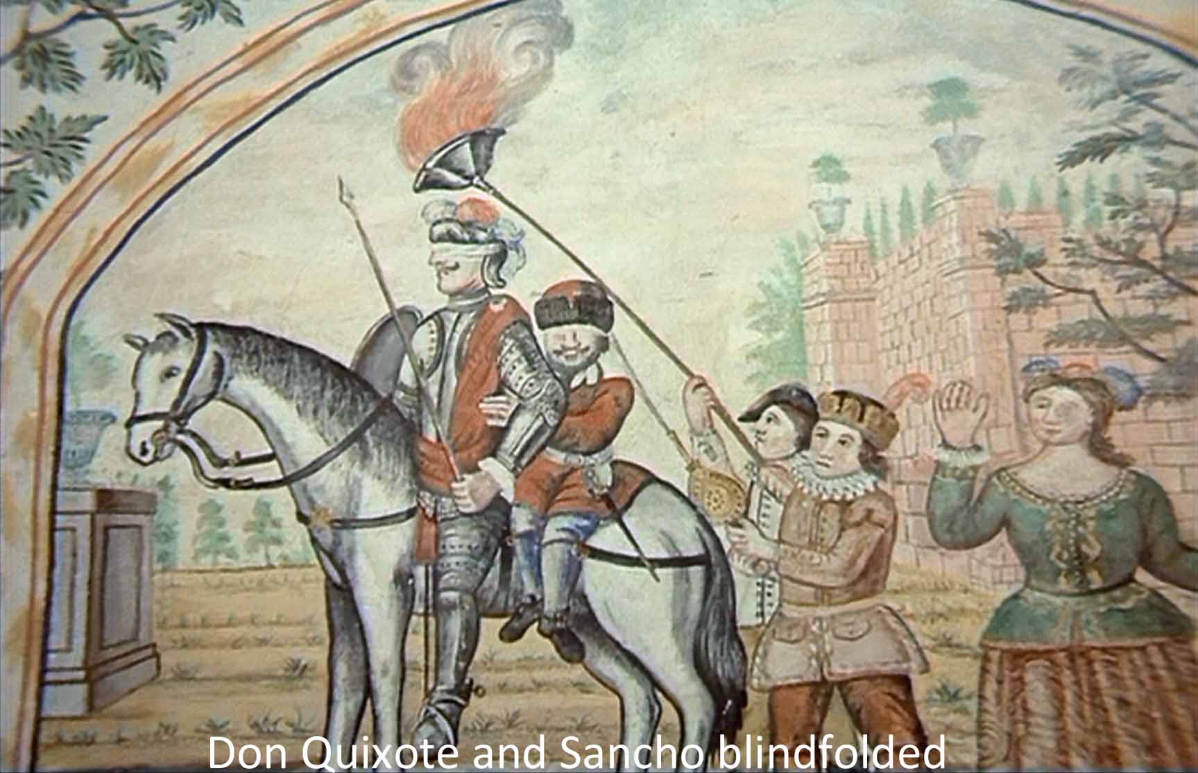 Don Quixote and Sancho blindfolded